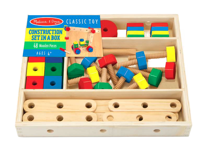 Wooden construction set in a neatly organized box featuring colorful nuts, bolts, and connecting bars designed to develop fine motor skills and hand-eye coordination, ideal for indoor play and children's toys collections.
