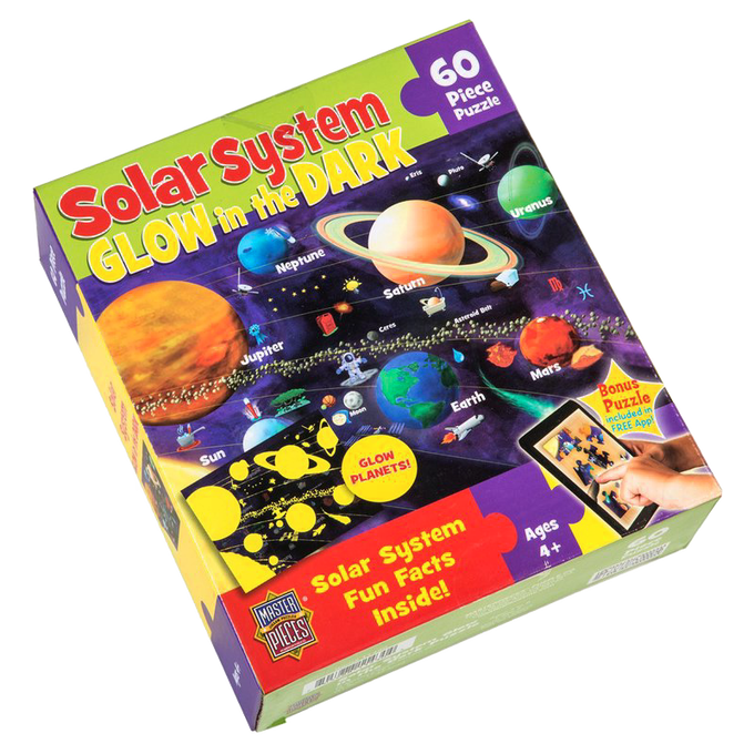 Box of a 60-piece, beginner-friendly glow-in-the-dark solar system puzzle featuring colorful planets and educational facts, part of Toys, Books & Games and Best Sellers collections.
