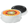 Compact electric food dehydrator with nesting white trays holding sliced strawberries, kiwi, pineapple, and apricot, ideal for Kitchen & Food and Food Preservation collections.