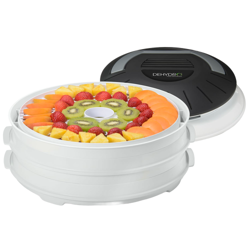 Compact electric food dehydrator with nesting white trays holding sliced strawberries, kiwi, pineapple, and apricot, ideal for Kitchen & Food and Food Preservation collections.