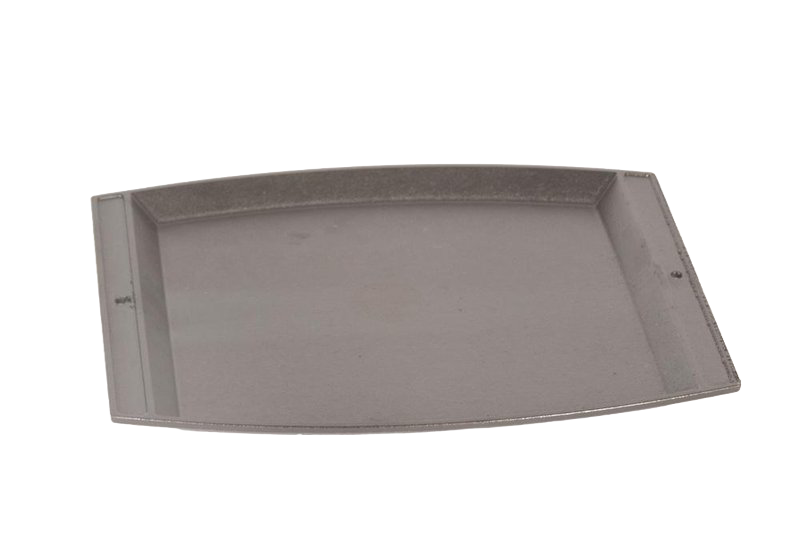 Pre-seasoned cast iron baking and serving platter with a flat rectangular surface and raised edges, designed for durable kitchen use, handcrafted in the USA.