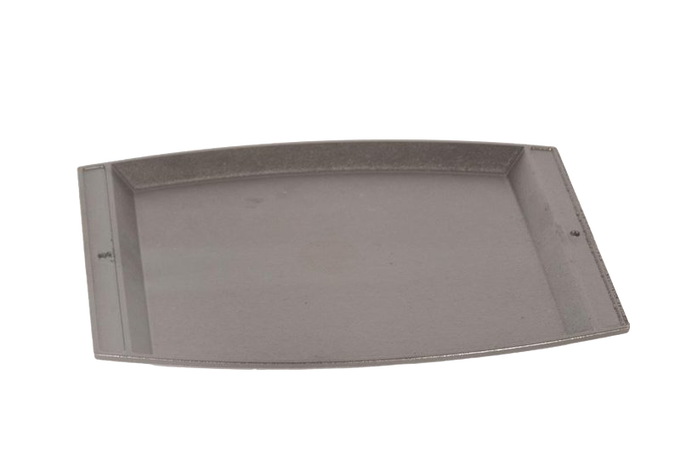 Pre-seasoned cast iron baking and serving platter with a flat rectangular surface and raised edges, designed for durable kitchen use, handcrafted in the USA.
