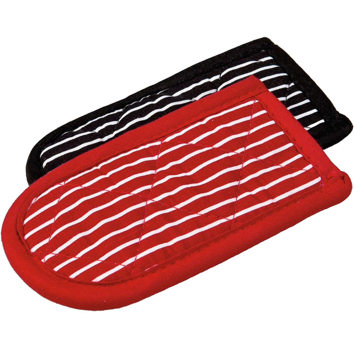 Set of two padded handle covers in red and black stripes designed to protect hands from heat up to 350°F, ideal for cast iron cookware in Kitchen & Food and Cookware collections.