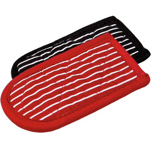 Set of two padded handle covers in red and black stripes designed to protect hands from heat up to 350°F, ideal for cast iron cookware in Kitchen & Food and Cookware collections.