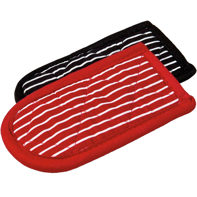 Set of two padded handle covers in red and black stripes designed to protect hands from heat up to 350°F, ideal for cast iron cookware in Kitchen & Food and Cookware collections.
