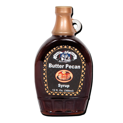 Handcrafted Amish-made butter pecan syrup in a 12 fl. oz. glass bottle with a vintage-inspired label, ideal for Kitchen & Food, Pantry, USA Made, and Best Sellers collections.