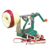 Handcrafted green metal apple peeler with suction base and wooden handle, peeling a red apple with thinly sliced skin curling below, featured in Farm, Garden & Tool, Kitchen & Food, Apple Harvest Supplies, Specialty Equipment, Peelers and Pitters, Best Sellers, and Promo Eligible collections.