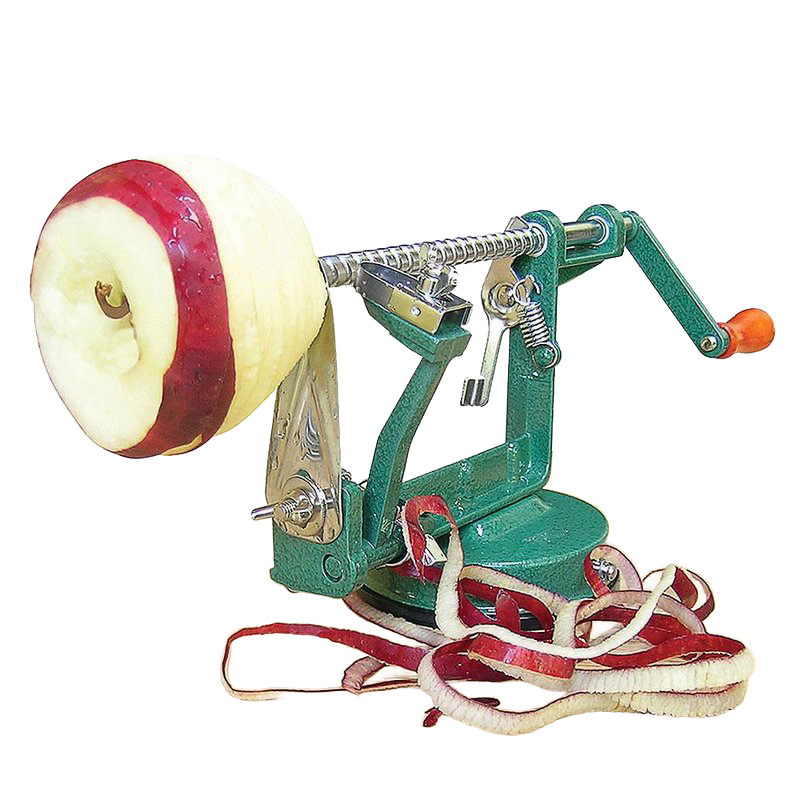Handcrafted green metal apple peeler with suction base and wooden handle, peeling a red apple with thinly sliced skin curling below, featured in Farm, Garden & Tool, Kitchen & Food, Apple Harvest Supplies, Specialty Equipment, Peelers and Pitters, Best Sellers, and Promo Eligible collections.