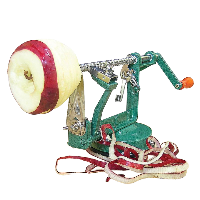 Handcrafted green metal apple peeler with suction base and wooden handle, peeling a red apple with thinly sliced skin curling below, featured in Farm, Garden & Tool, Kitchen & Food, Apple Harvest Supplies, Specialty Equipment, Peelers and Pitters, Best Sellers, and Promo Eligible collections.