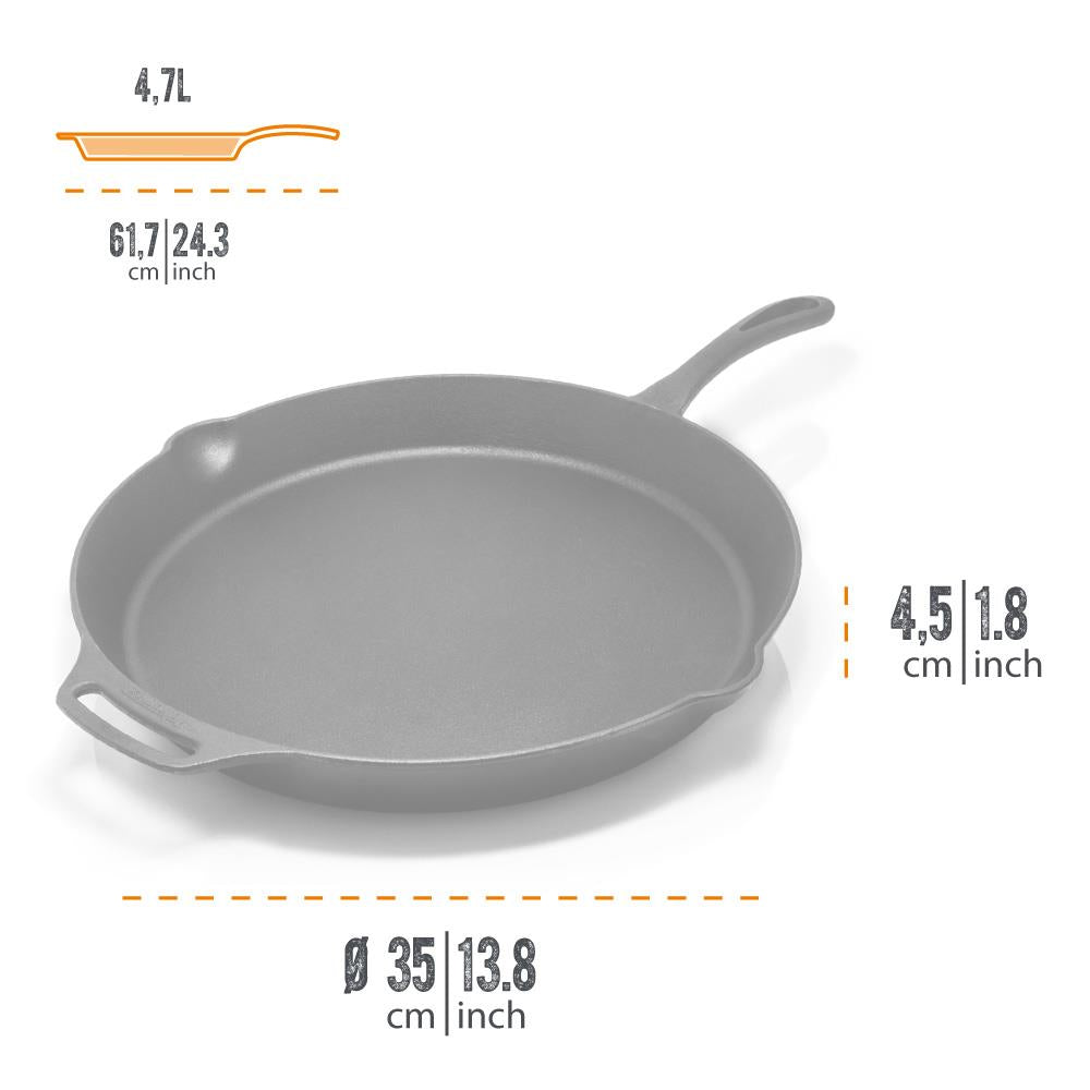 Heavy-duty cast iron skillet with a long handle and helper grip, 4.7-liter capacity and 35 cm diameter, ideal for Farm, Garden & Tool, Kitchen & Food, Camping, Cookware, Cast Iron, Best Sellers, and Promo Eligible collections.