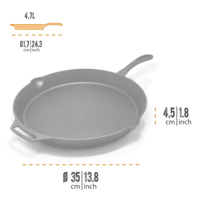 Heavy-duty cast iron skillet with a long handle and helper grip, 4.7-liter capacity and 35 cm diameter, ideal for Farm, Garden & Tool, Kitchen & Food, Camping, Cookware, Cast Iron, Best Sellers, and Promo Eligible collections.