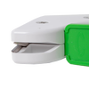 Compact garden tool sharpener with a white body and green handle, featuring a reversible diamond-honed tungsten carbide edge, made in USA for Farm, Garden & Tool and Lawncare collections.