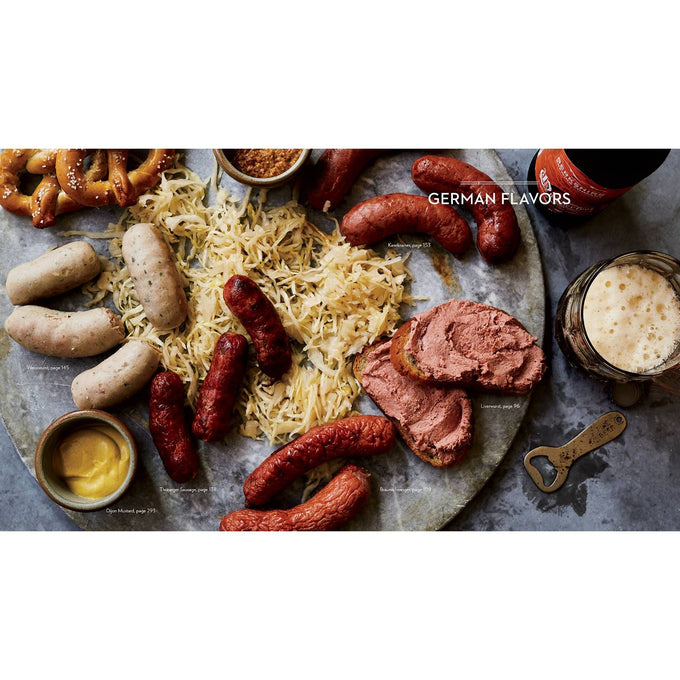 Assorted handcrafted German-style sausages, sauerkraut, mustard, pretzels, liverwurst spread, and a glass of beer with a bottle opener, featured in Toys, Books & Games, Cookbooks, and Best Sellers collections.