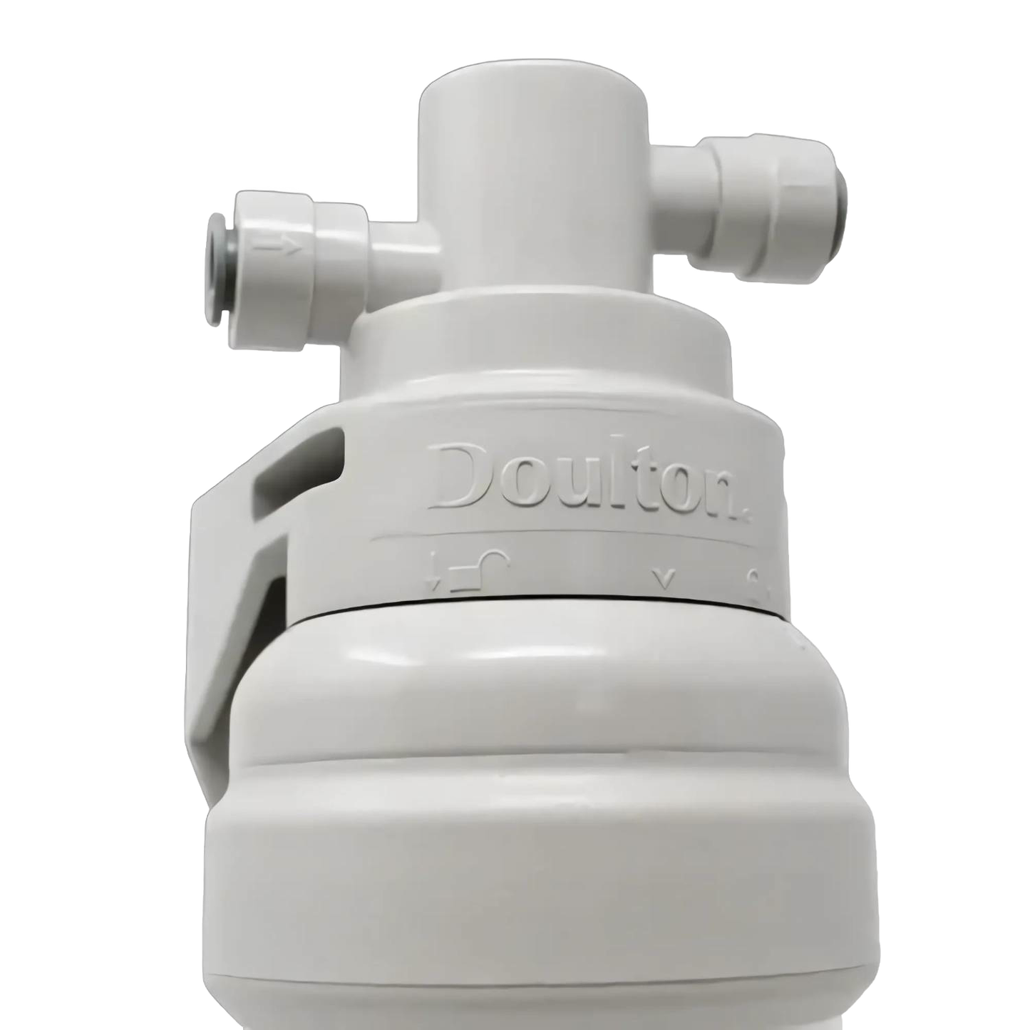Compact white water filter cartridge with quick-connect fittings designed for under sink installation, part of Appliances and Water Heating and Treatment collections.