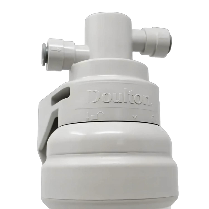 Compact white water filter cartridge with quick-connect fittings designed for under sink installation, part of Appliances and Water Heating and Treatment collections.