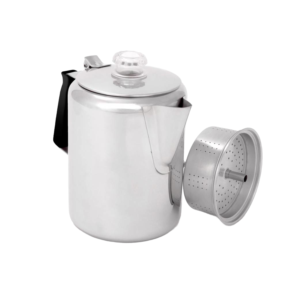Polished stainless steel coffee percolator with detachable grounds basket and see-through plastic top, featuring a stay-cool silicone handle, ideal for Kitchen & Food and Brewing Coffee and Tea collections.