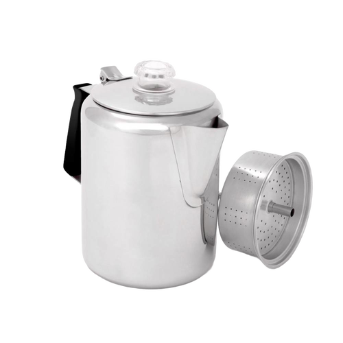 Polished stainless steel coffee percolator with detachable grounds basket and see-through plastic top, featuring a stay-cool silicone handle, ideal for Kitchen & Food and Brewing Coffee and Tea collections.