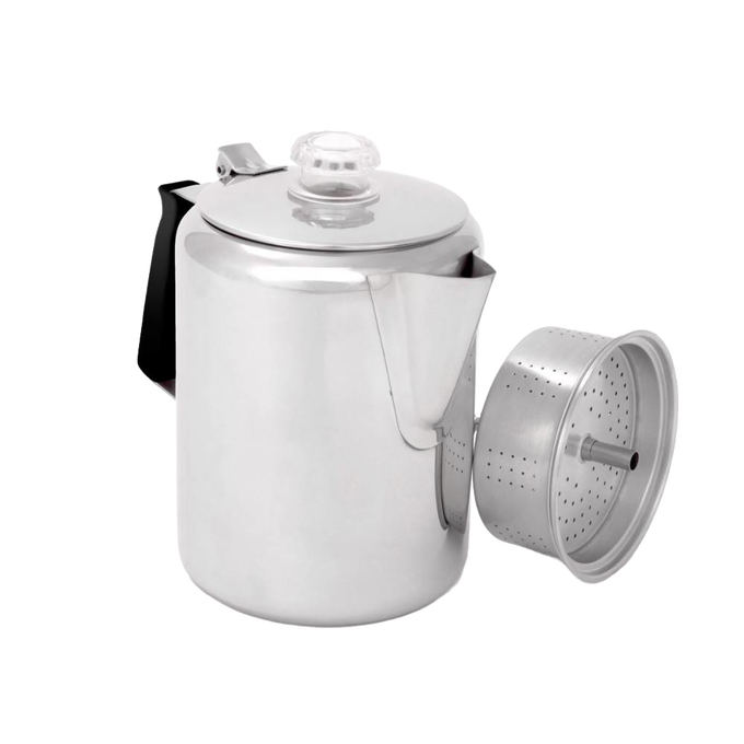 Polished stainless steel coffee percolator with detachable grounds basket and see-through plastic top, featuring a stay-cool silicone handle, ideal for Kitchen & Food and Brewing Coffee and Tea collections.