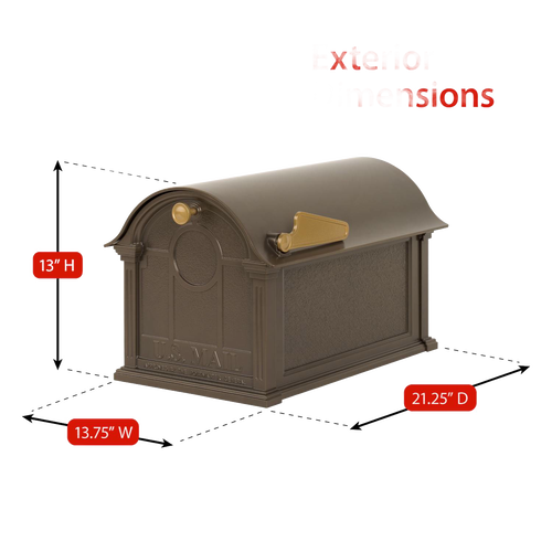 Handcrafted bronze and gold mailbox with curved top and raised details, designed for outdoor use, part of Home & Decor, Mailboxes and Address Signs, USA Made collections.