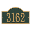 Handcrafted green and gold arched rectangle address plaque with bold numbers, designed to enhance curb appeal and included in Home & Decor, Mailboxes and Address Signs, and USA Made collections.