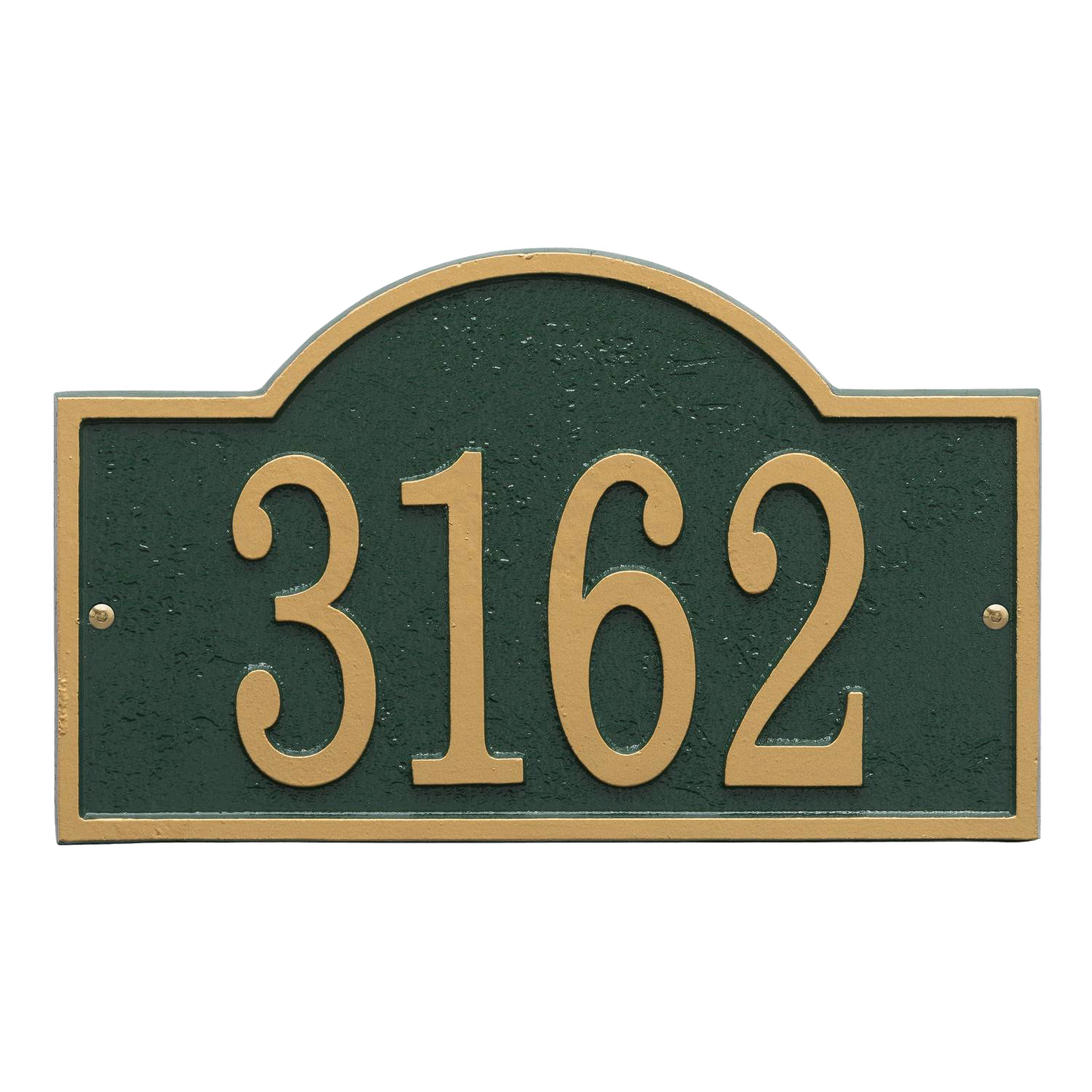 Handcrafted green and gold arched rectangle address plaque with bold numbers, designed to enhance curb appeal and included in Home & Decor, Mailboxes and Address Signs, and USA Made collections.