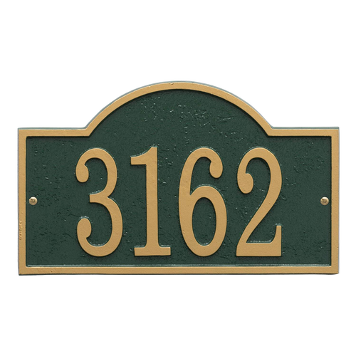 Handcrafted green and gold arched rectangle address plaque with bold numbers, designed to enhance curb appeal and included in Home & Decor, Mailboxes and Address Signs, and USA Made collections.