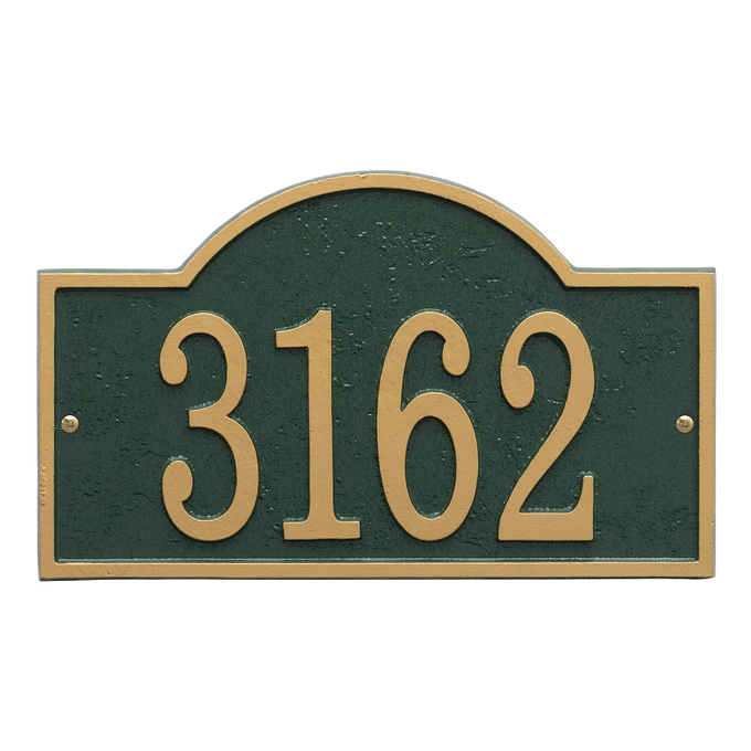 Handcrafted green and gold arched rectangle address plaque with bold numbers, designed to enhance curb appeal and included in Home & Decor, Mailboxes and Address Signs, and USA Made collections.