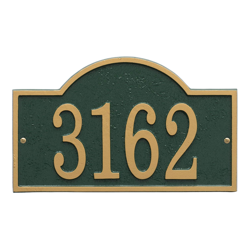 Handcrafted green and gold arched rectangle address plaque with bold numbers, designed to enhance curb appeal and included in Home & Decor, Mailboxes and Address Signs, and USA Made collections.