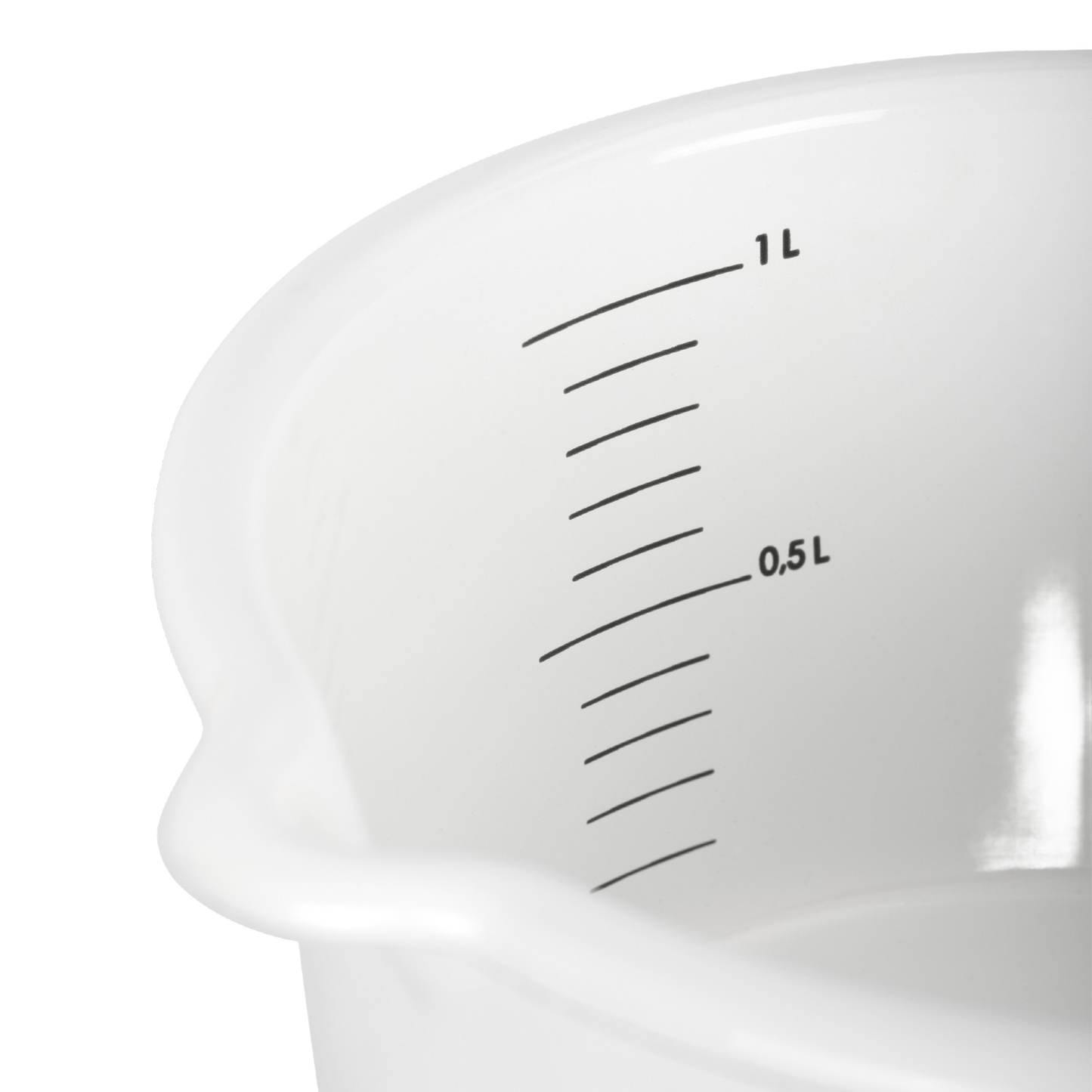 Close-up of a white enamel pan interior showing clear liter measurement lines for precise cooking, designed for camping, cookware, farm, garden, kitchen, and outdoor use collections.