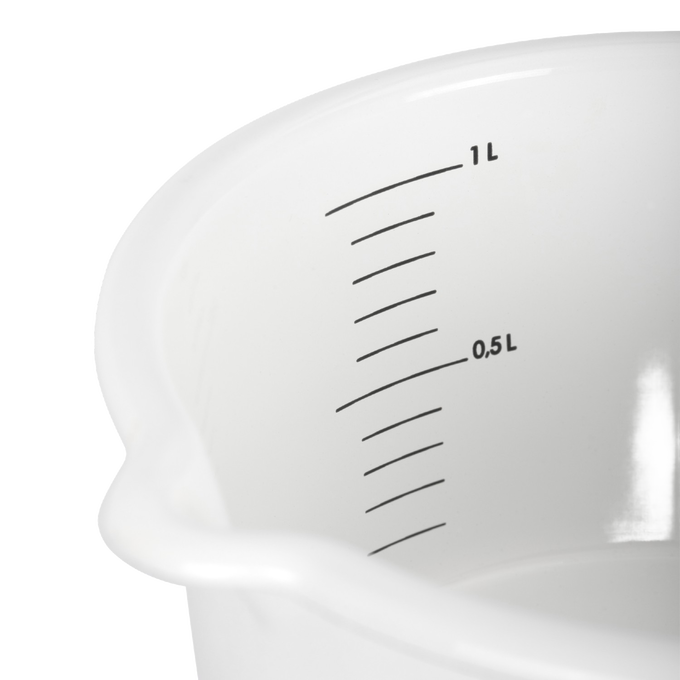 Close-up of a white enamel pan interior showing clear liter measurement lines for precise cooking, designed for camping, cookware, farm, garden, kitchen, and outdoor use collections.