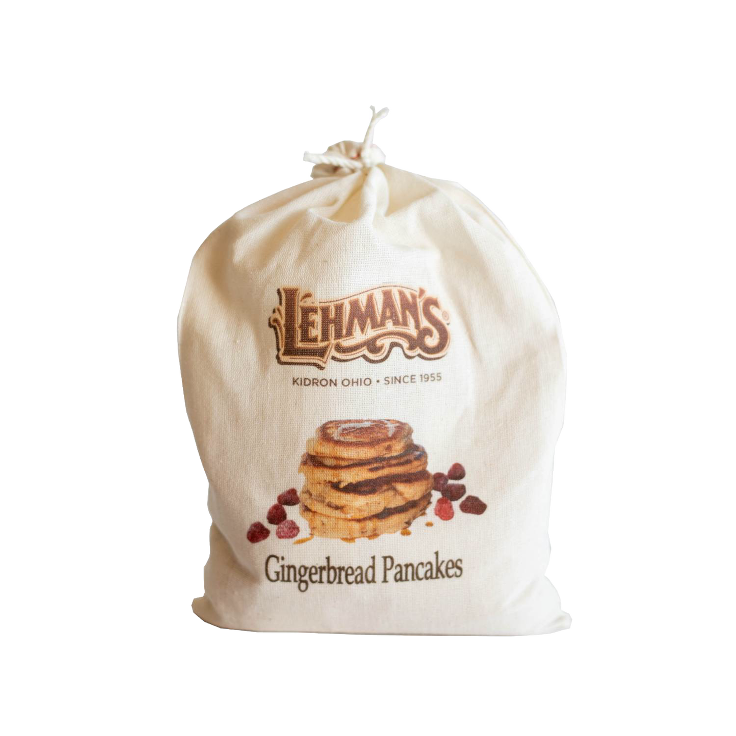 Natural fabric drawstring bag of handcrafted Lehman's gingerbread pancake mix featuring an illustration of stacked pancakes with raisins, ideal for Kitchen & Food, Pantry, Dry Goods and Mixes, Best Sellers, and Promo Eligible collections.