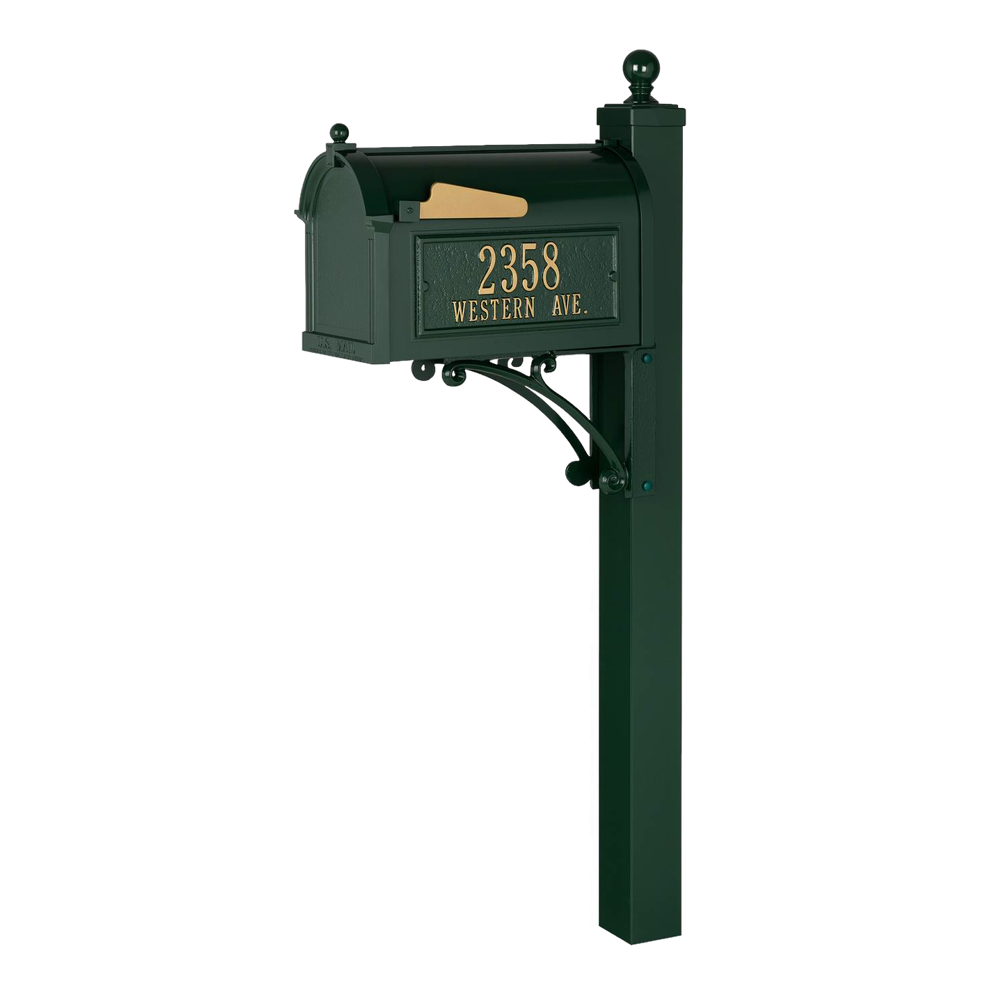 Handcrafted green and gold mailbox with matching post featuring custom address plaque, made in the USA, ideal for Home & Decor, Household Helpers, and Mailboxes and Address Signs collections.