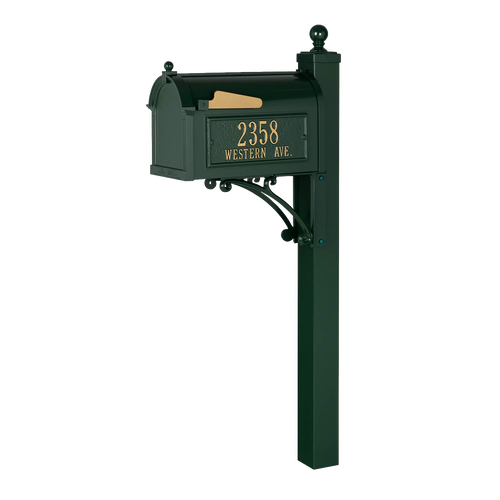 Handcrafted green and gold mailbox with matching post featuring custom address plaque, made in the USA, ideal for Home & Decor, Household Helpers, and Mailboxes and Address Signs collections.