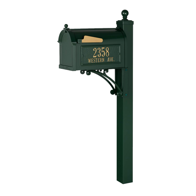 Handcrafted green and gold mailbox with matching post featuring custom address plaque, made in the USA, ideal for Home & Decor, Household Helpers, and Mailboxes and Address Signs collections.