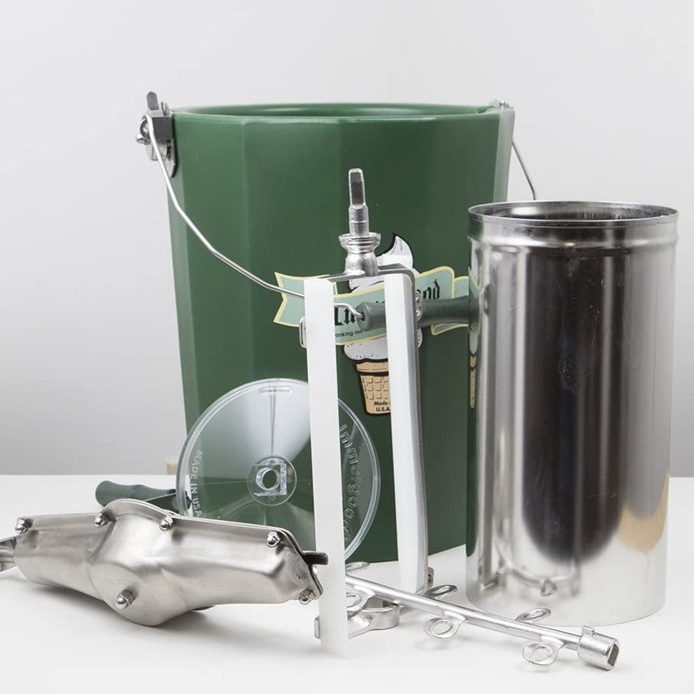 Handcrafted Amish-made green metal ice cream freezer with polished stainless steel canister, durable crank handle, and sturdy wire bail, featured in Kitchen & Food and Specialty Equipment collections.