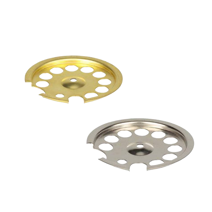 Pair of handcrafted polished brass and chrome central bottom plates designed to connect tank and lantern frame, suitable for Lamps & Lighting, Parts and Accessories, and Best Sellers collections.