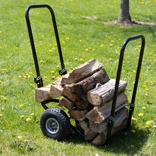 Foldable firewood cart with sturdy black steel frame and two rugged wheels, loaded with split logs, designed for easy hauling in Farm, Garden & Tool and Wood Cutting collections.