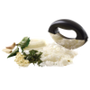 Stainless steel mezzaluna chopper with dual blades and ergonomic black handle, shown with chopped onions, garlic, and fresh herbs, ideal for Kitchen & Food and Food Prep collections.