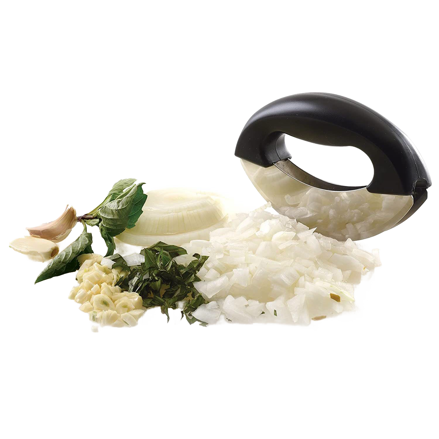 Stainless steel mezzaluna chopper with dual blades and ergonomic black handle, shown with chopped onions, garlic, and fresh herbs, ideal for Kitchen & Food and Food Prep collections.