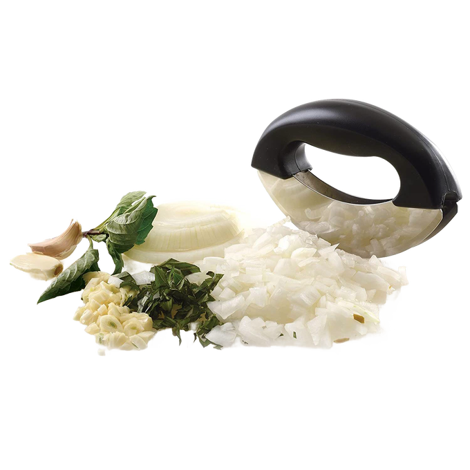 Stainless steel mezzaluna chopper with dual blades and ergonomic black handle, shown with chopped onions, garlic, and fresh herbs, ideal for Kitchen & Food and Food Prep collections.