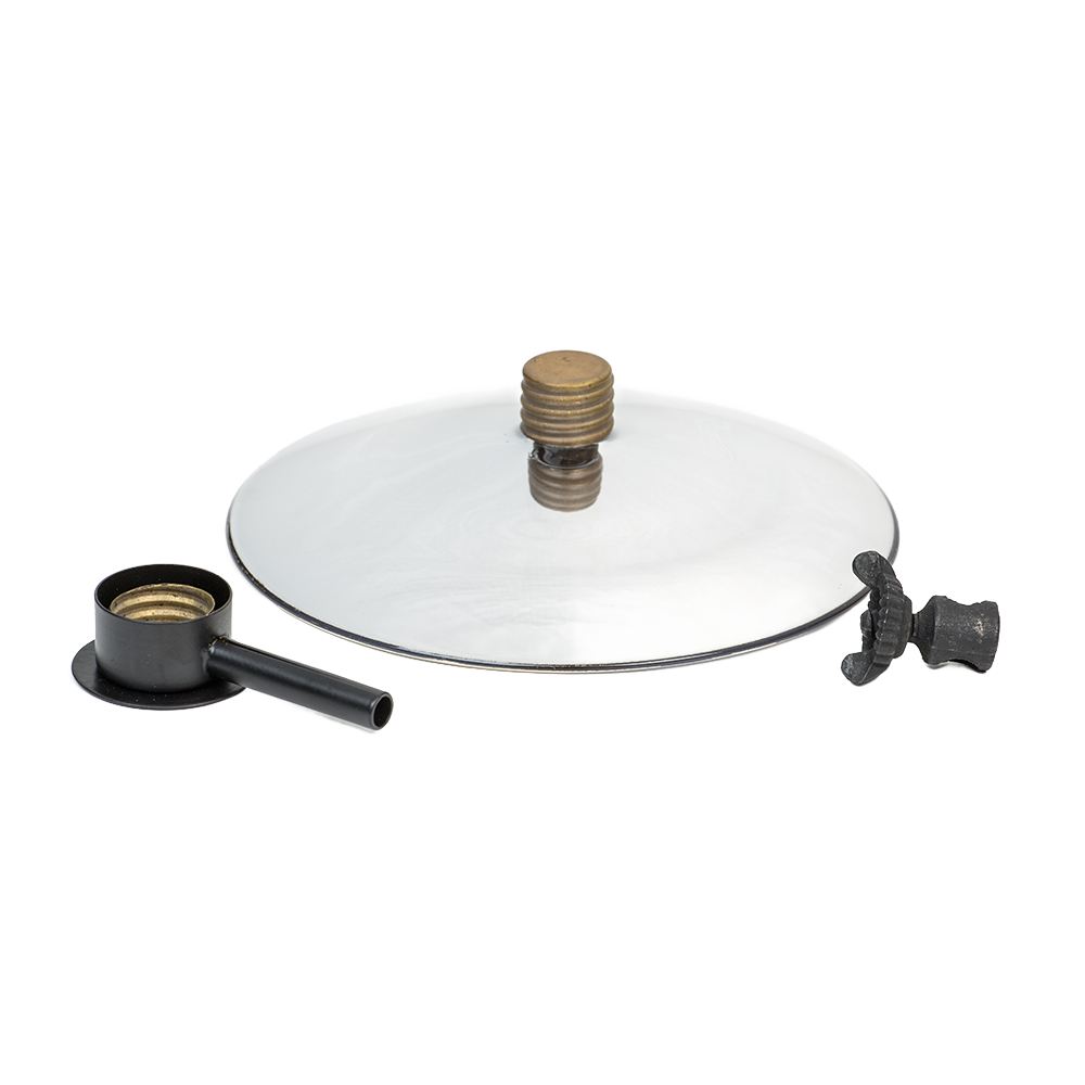 Concave spun-glass reflector with hollow mirrored center and locking nut, accompanied by a mounting post, designed for oil lamps in Lamps & Lighting and Oil Lamps collections.