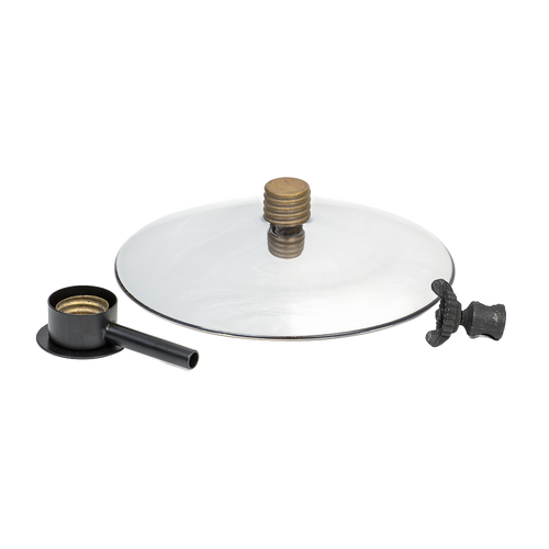 Concave spun-glass reflector with hollow mirrored center and locking nut, accompanied by a mounting post, designed for oil lamps in Lamps & Lighting and Oil Lamps collections.