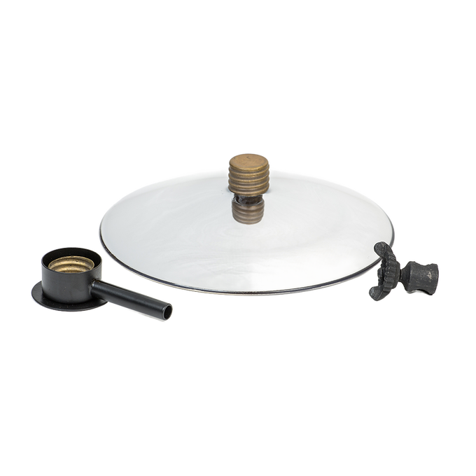 Concave spun-glass reflector with hollow mirrored center and locking nut, accompanied by a mounting post, designed for oil lamps in Lamps & Lighting and Oil Lamps collections.