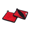 Pair of red silicone pot holders with black trim, featuring textured geometric patterns and insulated pockets, crafted for Kitchen & Food, Cookware, Cast Iron, and Best Sellers collections.