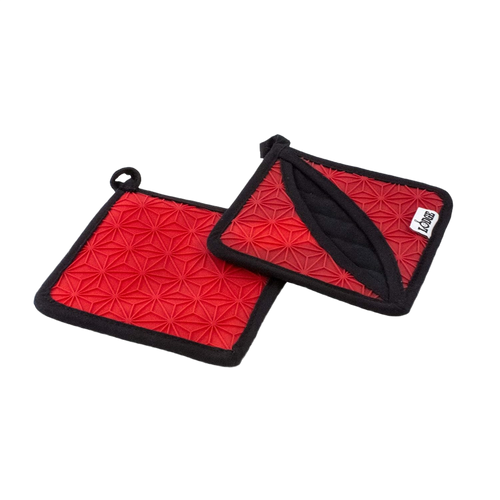 Pair of red silicone pot holders with black trim, featuring textured geometric patterns and insulated pockets, crafted for Kitchen & Food, Cookware, Cast Iron, and Best Sellers collections.
