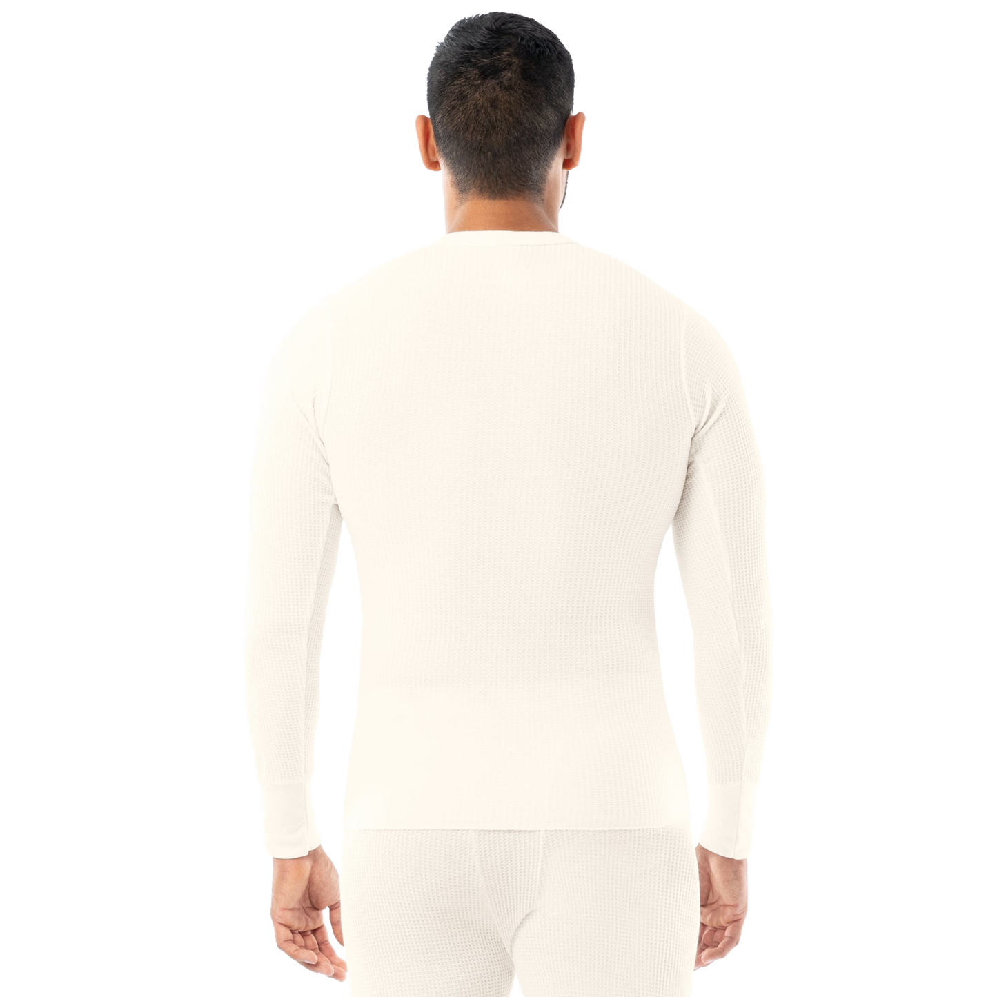 Back view of a man wearing a handcrafted natural cream circular waffle knit shirt made for cold temperature warmth, featured in Health & Wellness, Clothing and Accessories, Best Sellers, and Promo Eligible collections.