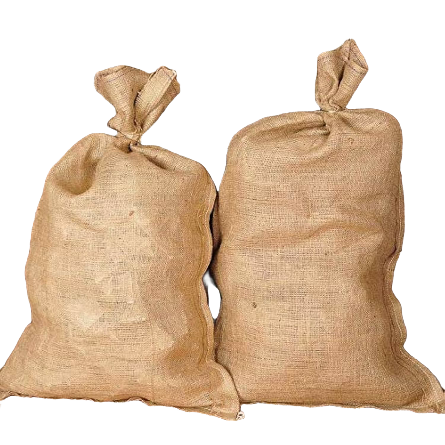 Set of two strong burlap bags made from natural fibers, handcrafted and sewn in the USA, ideal for garden accessories, farm use, and storage in best sellers and promo eligible collections.