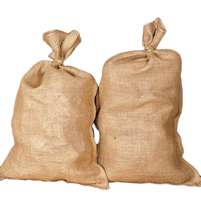 Set of two strong burlap bags made from natural fibers, handcrafted and sewn in the USA, ideal for garden accessories, farm use, and storage in best sellers and promo eligible collections.