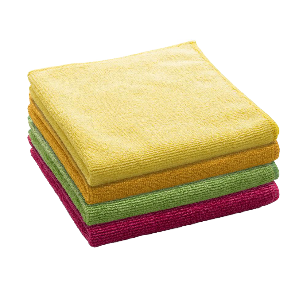 Stack of four premium microfiber cleaning cloths in yellow, orange, green, and red, designed for versatile, chemical-free use, featured in Home & Decor and Household Cleaning collections.