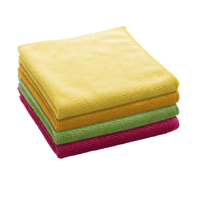 Stack of four premium microfiber cleaning cloths in yellow, orange, green, and red, designed for versatile, chemical-free use, featured in Home & Decor and Household Cleaning collections.